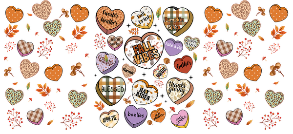 A vibrant autumn-themed graphic featuring colorful hearts with phrases like "Fall Vibes," "Pumpkin Spice," and "Blessed," adorned with leaves.UV Transfersdtf regular iron