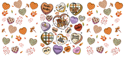 A vibrant autumn-themed graphic featuring colorful hearts with phrases like "Fall Vibes," "Pumpkin Spice," and "Blessed," adorned with leaves.UV Transfersdtf regular iron