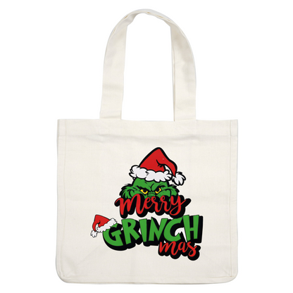 Celebrate the holidays with this fun "Merry Grinch Mas" sign featuring the iconic Grinch in a festive Santa hat!DTF Transfers heat press transfers