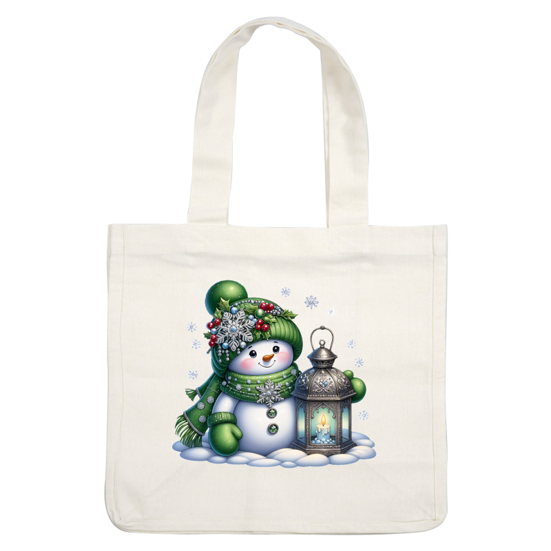 A cheerful snowman adorned with a green scarf and hat, holding a lantern with a glowing candle, surrounded by snowflakes.DTF Transfers heat press transfers