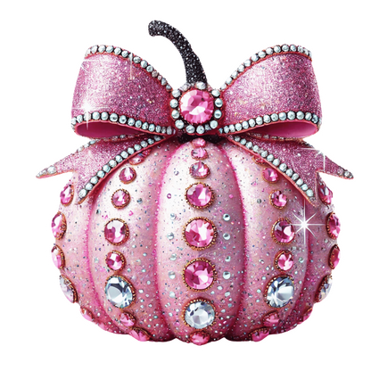 A sparkling pink pumpkin adorned with gems and a glittery bow, perfect for festive decor or whimsical display. dtf prints