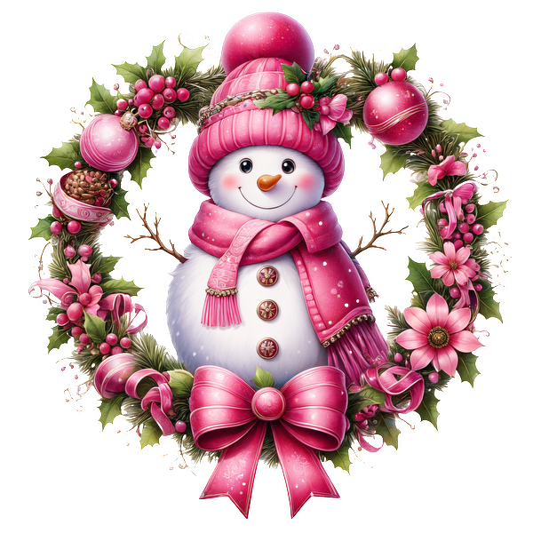 A cheerful snowman dressed in pink attire, surrounded by a festive wreath of holly, flowers, and ornaments. dtf transfers