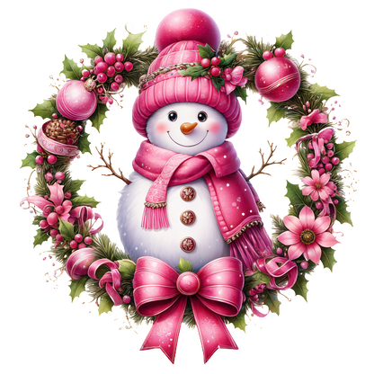 A cheerful snowman dressed in pink attire, surrounded by a festive wreath of holly, flowers, and ornaments. dtf transfers