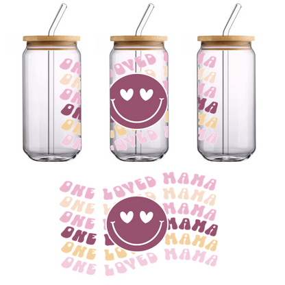 A cheerful graphic featuring the phrase "One Loved Mama" surrounded by a smiling face with hearts for eyes, in pastel colors.UV Transfers dtf prints