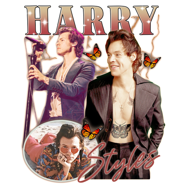 A vibrant collage of Harry Styles with stylish outfits, featuring butterflies and showcasing his dynamic musical persona.DTF Transfersdtf regular iron