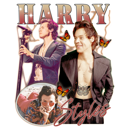 A vibrant collage of Harry Styles with stylish outfits, featuring butterflies and showcasing his dynamic musical persona.DTF Transfersdtf regular iron