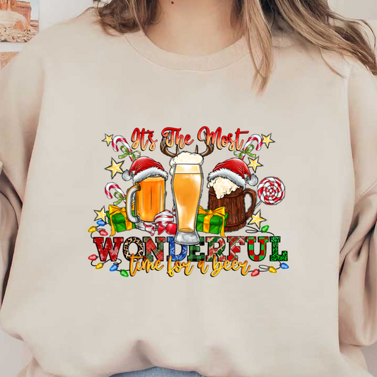 Celebrate the festive season with this cheerful design featuring frosty beer mugs, colorful gifts, and jolly decorations!DTF Transfersdtf regular iron dtf prints