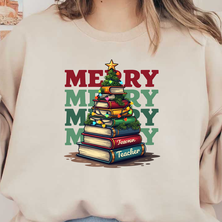 A festive design featuring stacked books decorated as a Christmas tree, adorned with lights, and fun "Merry" text.DTF Transfers