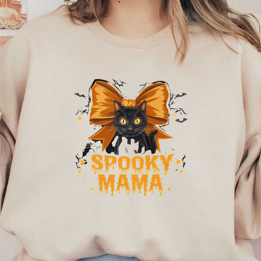 Un diseño divertido que presenta un gato negro con llamativos ojos amarillos, adornado con un gran lazo naranja y el texto "Spooky Mama".