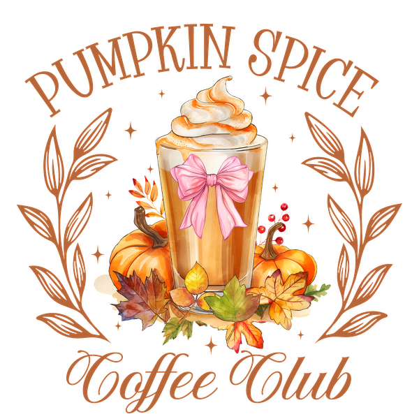 Celebrate autumn with this delightful "Pumpkin Spice Coffee Club" design featuring a festive drink, pumpkins, and colorful leaves. dtf transfers