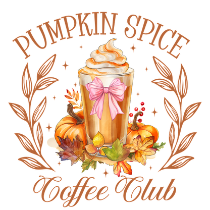 Celebrate autumn with this delightful "Pumpkin Spice Coffee Club" design featuring a festive drink, pumpkins, and colorful leaves. dtf transfers