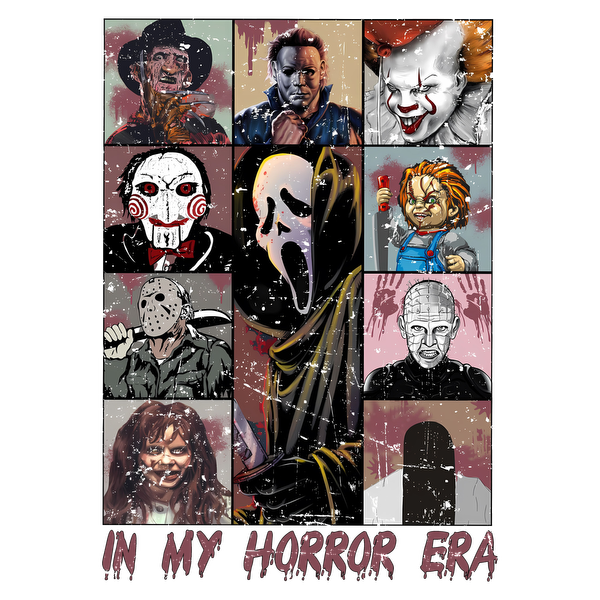 A vibrant collage featuring iconic horror characters like Freddy Krueger, Michael Myers, and Pennywise, celebrating the horror genre. dtf prints