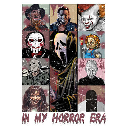 A vibrant collage featuring iconic horror characters like Freddy Krueger, Michael Myers, and Pennywise, celebrating the horror genre. dtf prints