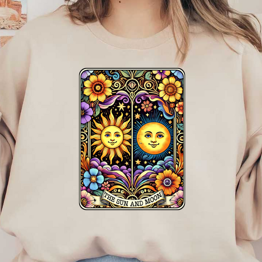 A vibrant illustration featuring the sun and moon, surrounded by colorful flowers and decorative elements, titled "The Sun and Moon."dtf regular iron