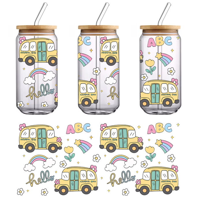 A cheerful illustration featuring two yellow buses surrounded by colorful flowers, rainbows, stars, and playful text elements.UV Transfers heat press transfersdtf regular iron