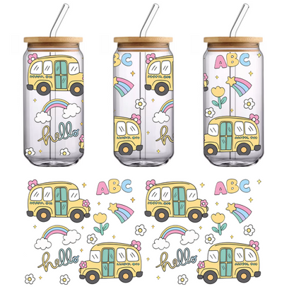 A cheerful illustration featuring two yellow buses surrounded by colorful flowers, rainbows, stars, and playful text elements.UV Transfers heat press transfersdtf regular iron