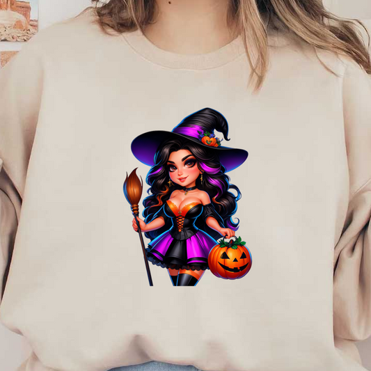 Una bruja encantadora con un elegante traje negro y morado, sosteniendo una escoba y una calabaza, perfecta para Halloween.