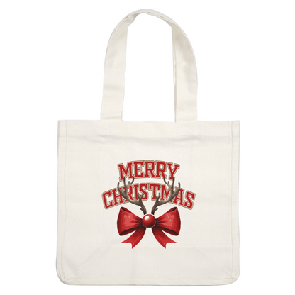 A festive "Merry Christmas" design featuring antlers and a vibrant red bow for cheerful holiday spirit! dtf transfers