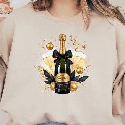 Celebrate the New Year with this festive champagne bottle adorned with a bow, elegant flutes, and sparkling decorations!DTF Transfers