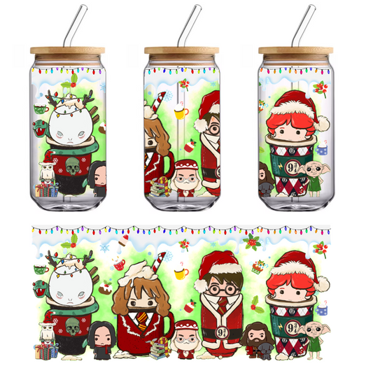 A whimsical holiday illustration featuring adorable chibi characters in festive mugs, celebrating the season with cheerful decorations and iconic elements.UV Transfers dtf prints