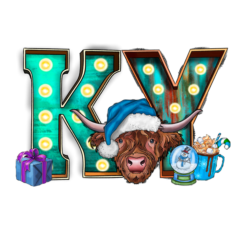 A festive illustration featuring a Highland cow wearing a blue Santa hat, surrounded by decorative letters "KY," gifts, and holiday treats.DTF Transfers dtf prints