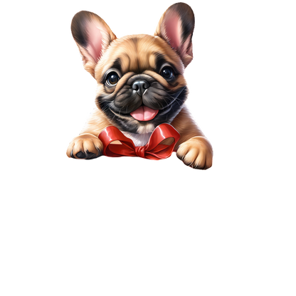 A playful French Bulldog puppy wearing a bright red bow, showcasing its adorable features and cheerful expression. dtf prints