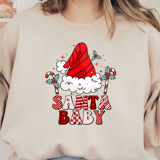 A playful holiday graphic featuring a cheerful Santa hat, candy canes, holly leaves, and the festive text "SANTA BABY." dtf transfers