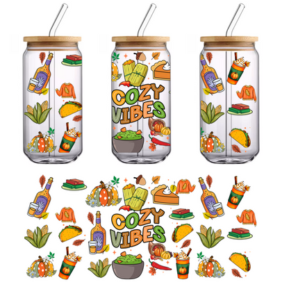 A vibrant illustration celebrating cozy vibes featuring tacos, seasonal treats, drinks, and autumn-themed decorations in a playful arrangement.UV Transfers heat press transfers