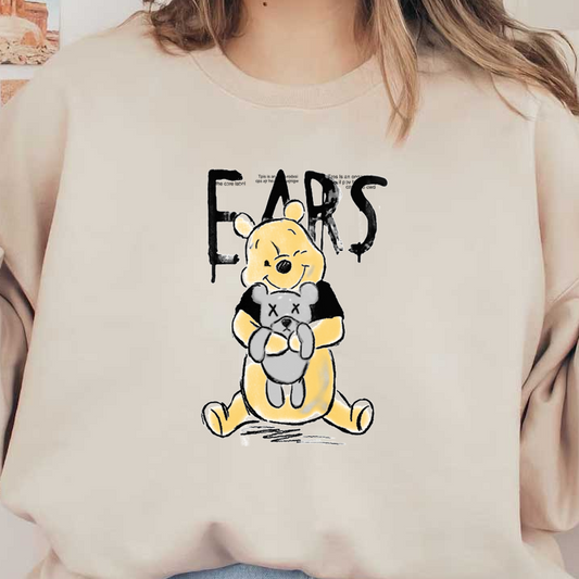 Una divertida ilustración que presenta un alegre oso con un juguete, rodeado de un texto en negrita y estilizado que dice "OREJAS".