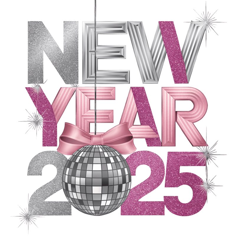 Celebrate New Year 2025 with this vibrant, glittery design featuring bold letters and a sparkling disco ball!DTF Transfers