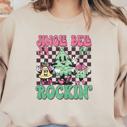 Colorful Christmas-themed graphic featuring a cheerful tree, bell, and gift, with the playful text "Jingle Bell Rockin'."dtf regular iron