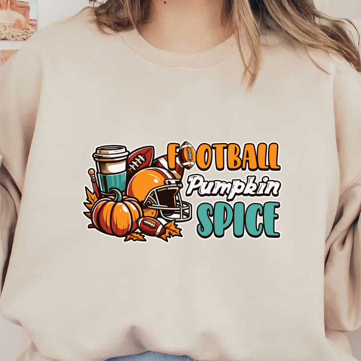 ¡Celebre el otoño con este diseño vibrante que presenta elementos de fútbol, ​​​​calabazas y una taza de café, capturando la esencia de la temporada!