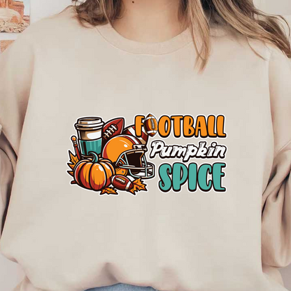 ¡Celebre el otoño con este diseño vibrante que presenta elementos de fútbol, ​​​​calabazas y una taza de café, capturando la esencia de la temporada!