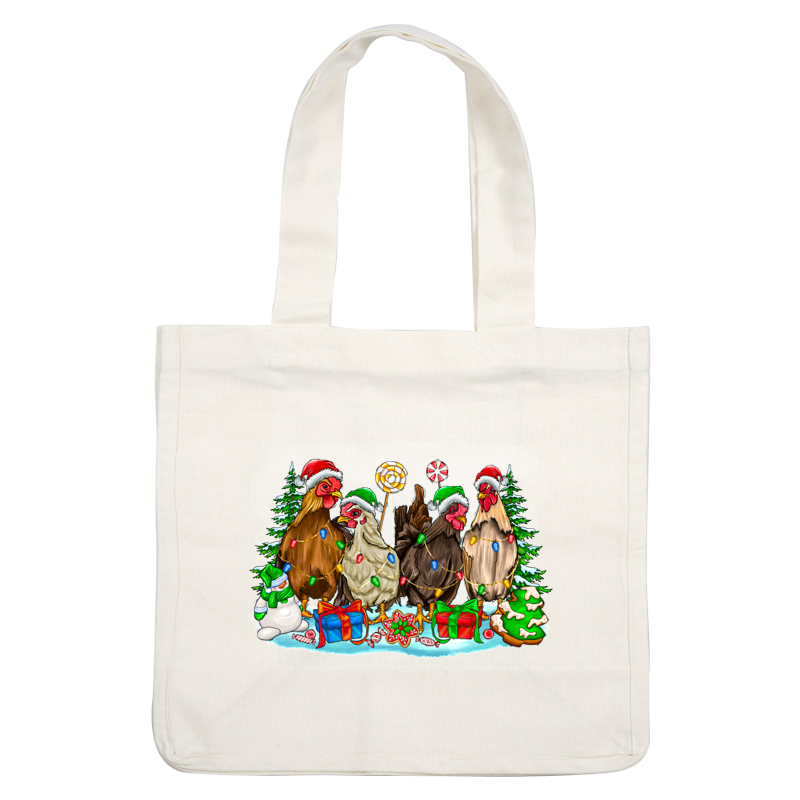 A whimsical festive scene featuring four chickens in Santa hats, adorned with Christmas lights, surrounded by gifts, a snowman, and holiday treats.DTF Transfers