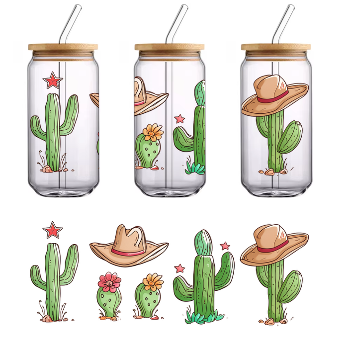 A charming collection of cartoon cacti, each adorned with colorful flowers or playful straw hats, bringing a joyful desert vibe.UV Transfers heat press transfers