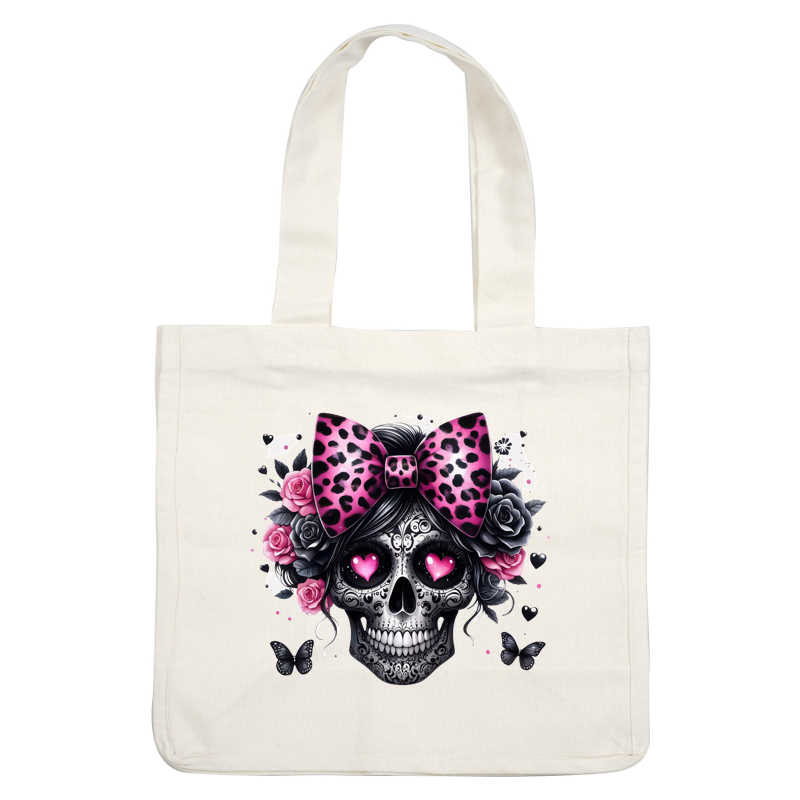 A beautifully decorated skull featuring a pink leopard print bow, surrounded by vibrant roses and butterflies, exuding a playful vibe. heat press transfers