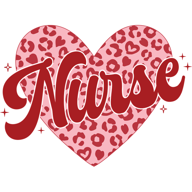 A vibrant heart design featuring the word “Nurse” in bold red letters against a playful pink leopard print background.DTF Transfers