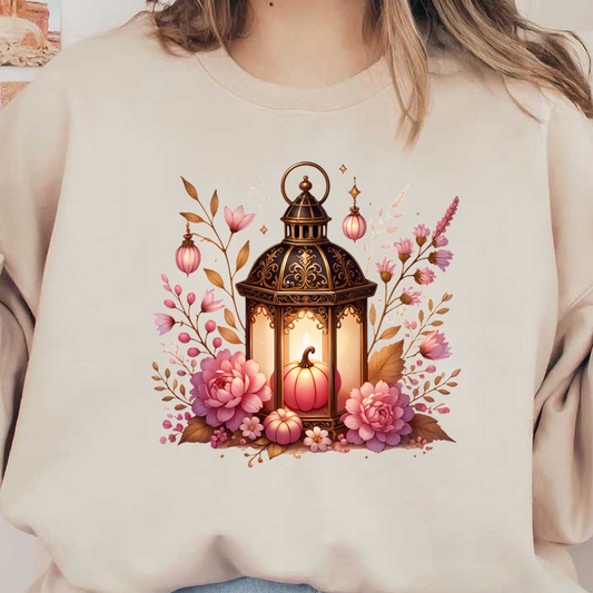 A beautifully detailed lantern featuring a pumpkin, surrounded by pink flowers and elegant foliage, perfect for fall decor. dtf transfers