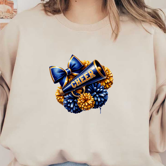 A vibrant cheerleading megaphone adorned with a blue bow and colorful pom-poms in gold and blue shades.DTF Transfers heat press transfers