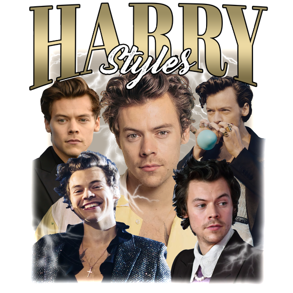 Un collage vibrante que muestra varios estilos de Harry Styles, con múltiples retratos y un título llamativo "HARRY STYLES". Transferencias DTF