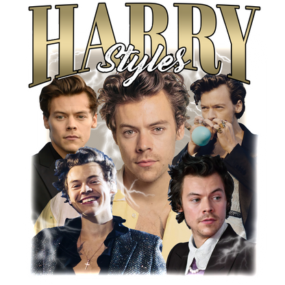 Un collage vibrante que muestra varios estilos de Harry Styles, con múltiples retratos y un título llamativo "HARRY STYLES". Transferencias DTF