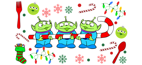 Three adorable green aliens joyfully hold a festive candy cane amidst cheerful holiday decorations like candy, ornaments, and lights.UV Transfers