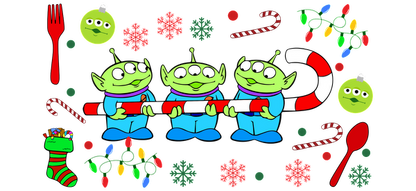 Three adorable green aliens joyfully hold a festive candy cane amidst cheerful holiday decorations like candy, ornaments, and lights.UV Transfers