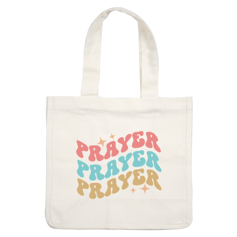 Diseño gráfico divertido que presenta la palabra "PRAYER" en colores vibrantes de inspiración retro con extravagantes acentos de estrellas.