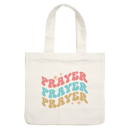 Diseño gráfico divertido que presenta la palabra "PRAYER" en colores vibrantes de inspiración retro con extravagantes acentos de estrellas.