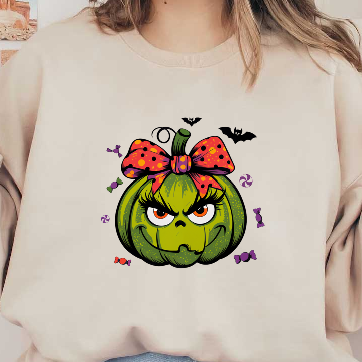 Una traviesa calabaza verde con un lazo de lunares, pestañas atrevidas y una expresión divertida, ¡perfecta para Halloween!