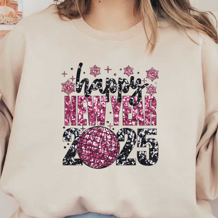 Celebre el año nuevo con este vibrante diseño "Feliz año nuevo 2025" que incluye detalles florales y una bola de discoteca brillante. Transferencias DTF