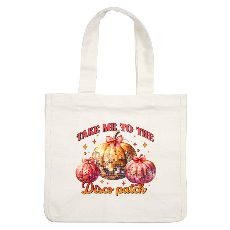 Celebrate fall with this vibrant design featuring disco-inspired pumpkins adorned with bows, perfect for a festive and fun atmosphere! dtf transfers heat press transfers