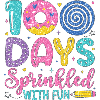 Celebrate 100 days of joy with this colorful, fun-themed design featuring playful fonts and sprinkles of creativity!DTF Transfers