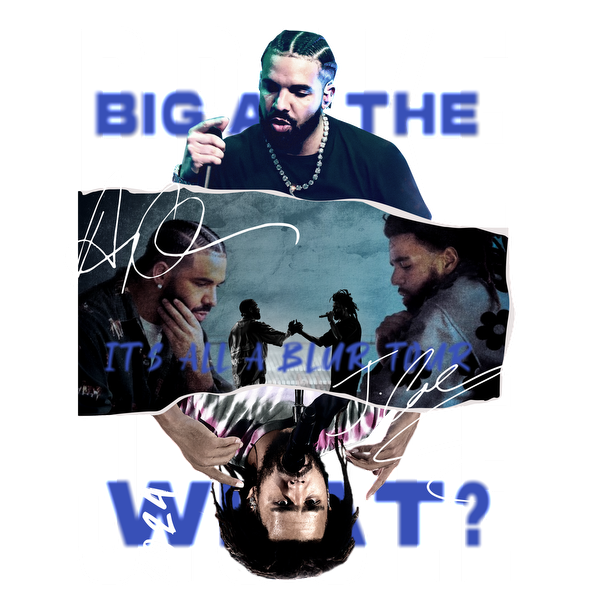 A vibrant graphic featuring Drake with dynamic text announcing his "It's All a Blur Tour," showcasing his energetic style and presence.DTF Transfers dtf prints